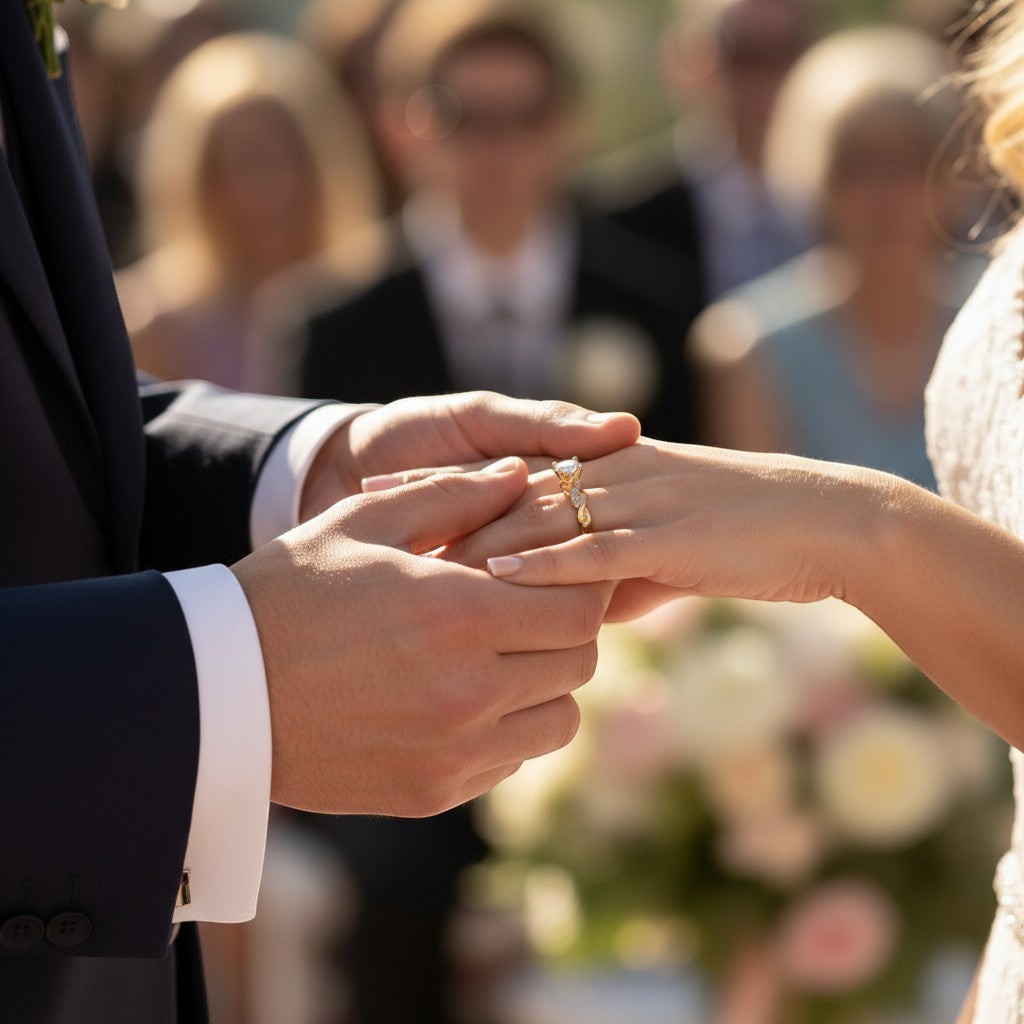 Jade18k yellow gold twisted band solitaire ring with pave accents on a woman's hand during a wedding ceremony.
