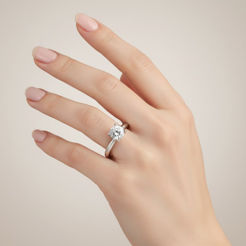 Jade18k solitaire engagement ring in 18k white gold with a round brilliant-cut diamond.