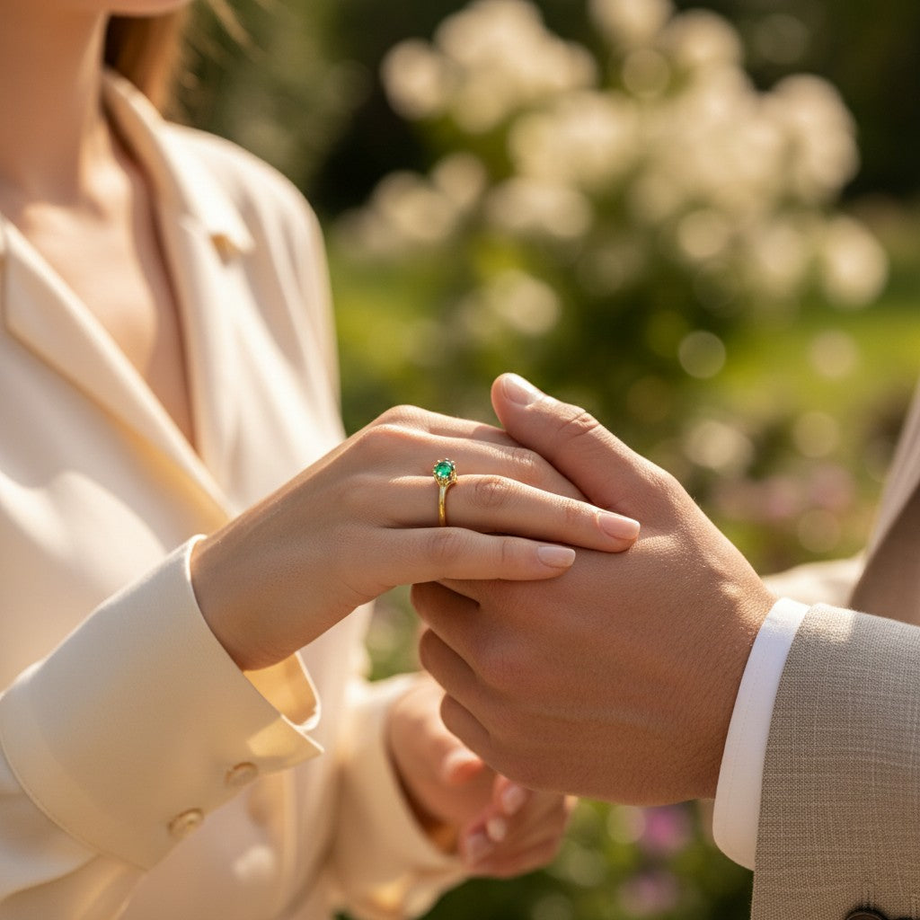 Jade18k yellow gold ring with a single emerald gemstone set in a crown-like prong setting.