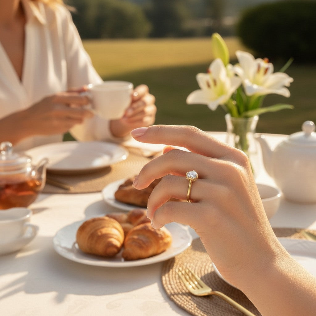 Jade18k yellow gold 18k engagement ring with 5A cubic zirconia stones, worn by a woman at a table with pastries and tea.