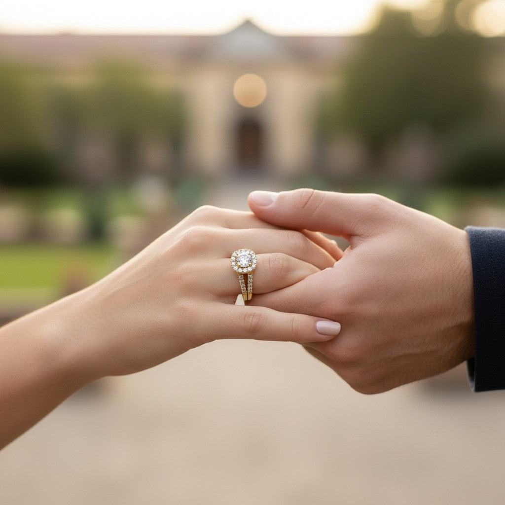 Jade18k Raquel engagement ring in 18k yellow gold with a central round-cut zircon surrounded by a halo of smaller stones. Split band with pavé-set stones.