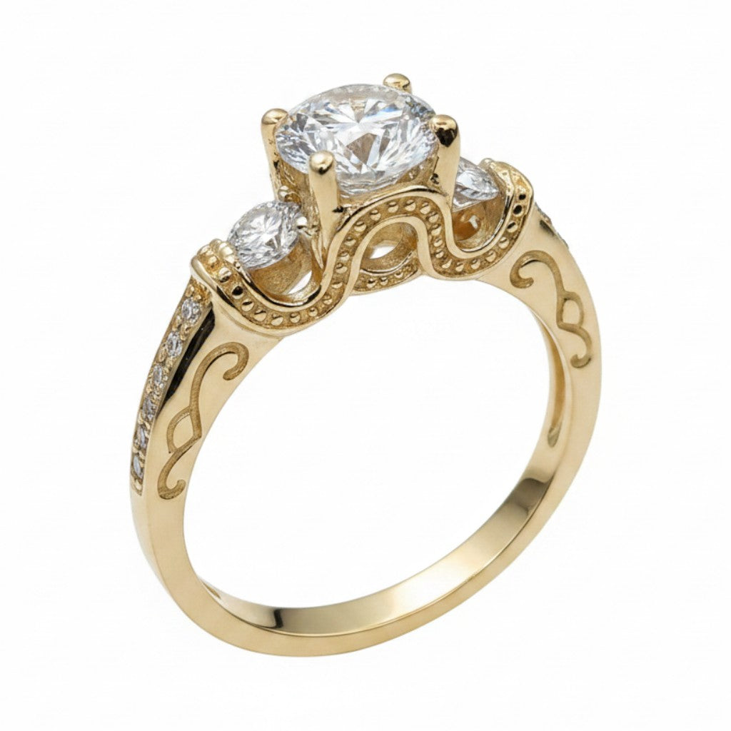 Jade18k Legado Divino 18k yellow gold engagement ring with a central zircon stone and smaller stones on the band, featuring intricate scrollwork.