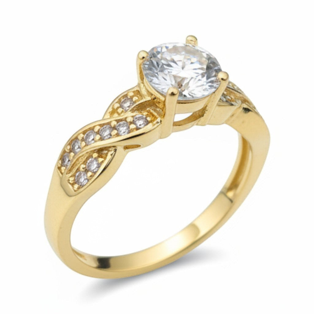 Jade18k 18k yellow gold engagement ring with a single heart-shaped diamond and twisted band with small diamonds.