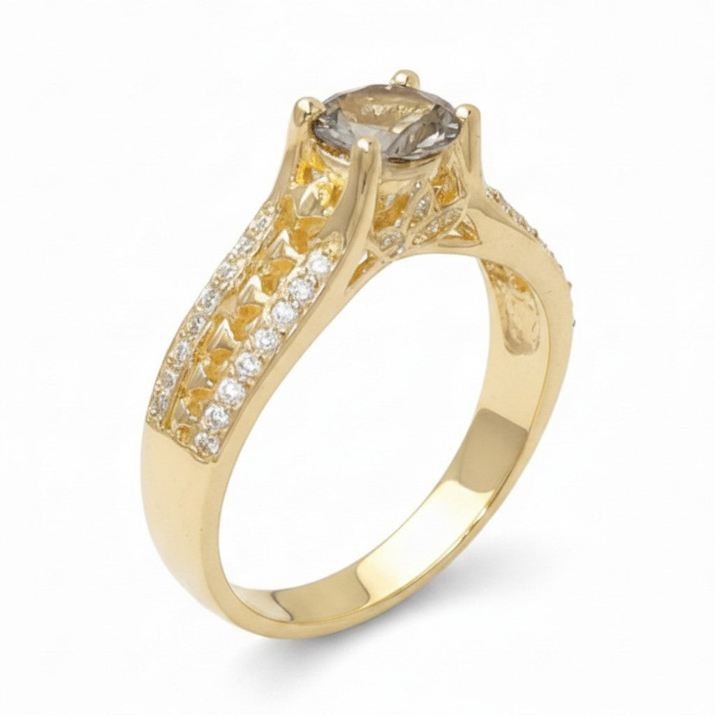 Jade18k Mariel engagement ring in 18k yellow gold with a grey zircon stone and pave diamond accents.