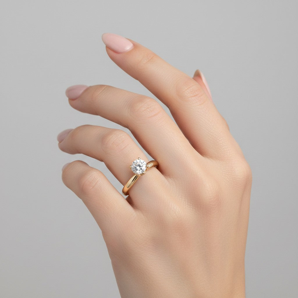 Jade18k Aurora engagement ring in 18k yellow gold with a lab-grown diamond and moissanite side stones.