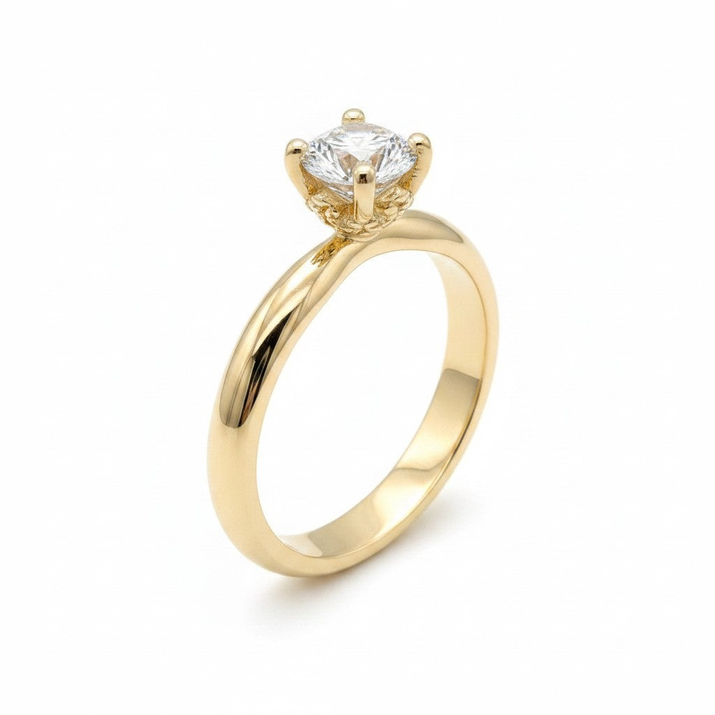 Jade18k Aurora engagement ring in 18k yellow gold with a lab-grown diamond and moissanite side stones.