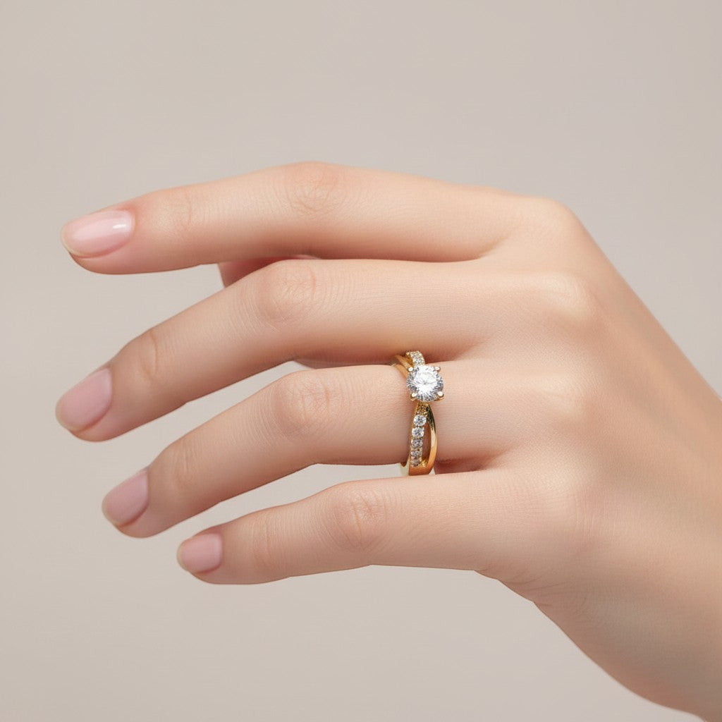 Jade18k 18k yellow gold engagement ring with a round Moissanite center stone and pavé diamond band.