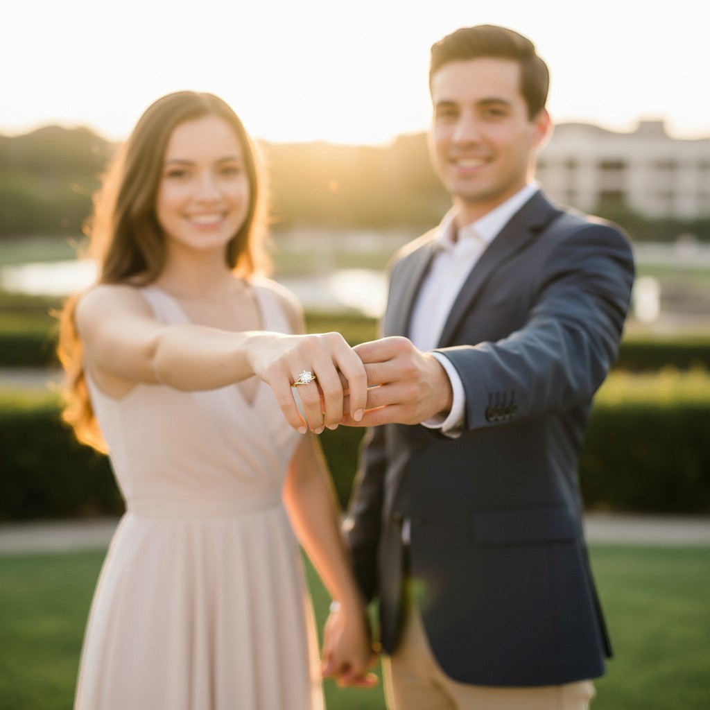 Jade18k yellow gold engagement ring with moissanite stone, displayed by a couple outdoors at sunset.