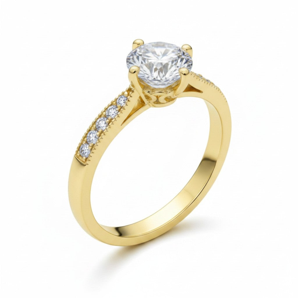 Jade18k 18k yellow gold engagement ring with a round moissanite center stone and pavé diamond band.