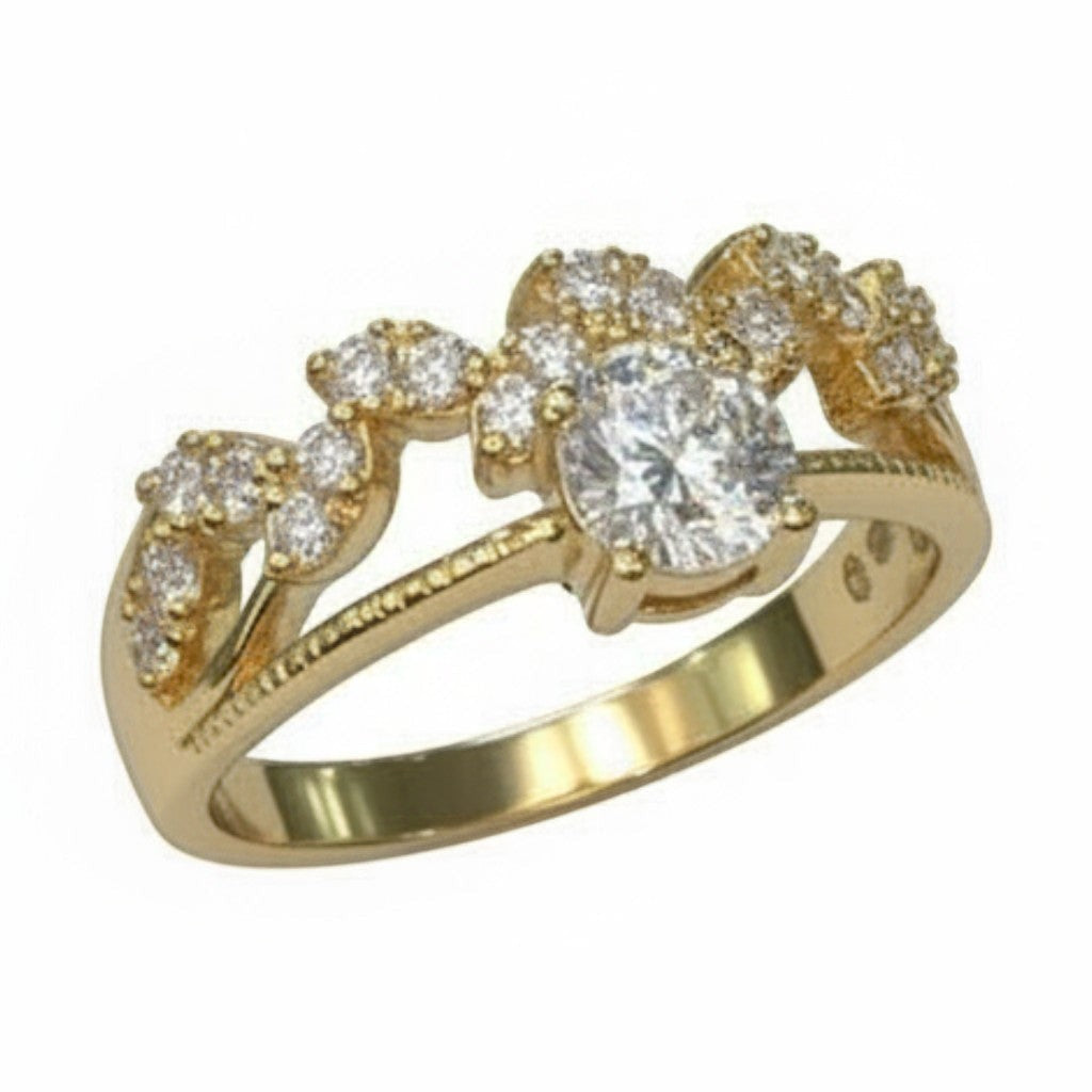 Jade18k 18k yellow gold engagement ring with a central moissanite and smaller stones along the band.