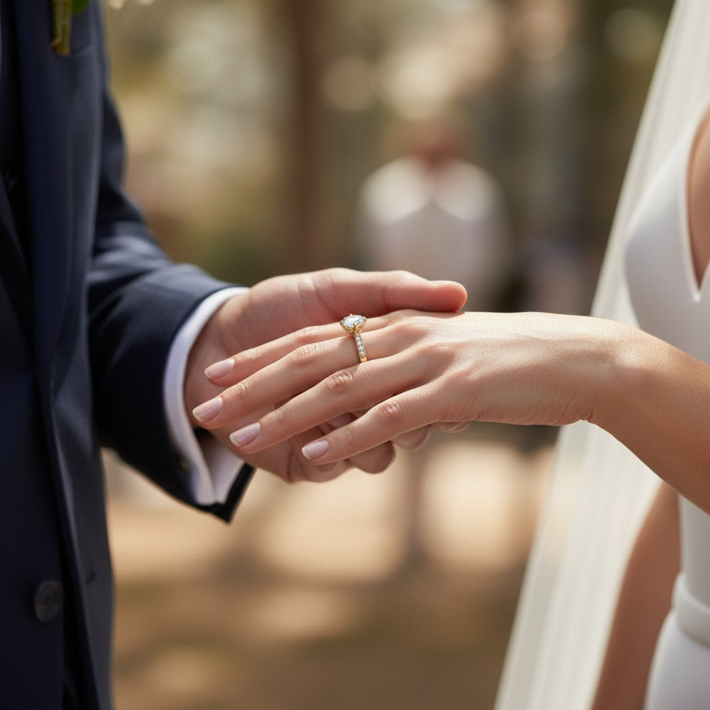 Jade18k 18k yellow gold engagement ring with a round moissanite center stone and pavé diamond band.