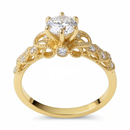 Jade18k yellow gold 18k engagement ring with a central moissanite stone and intricate detailing on the band.