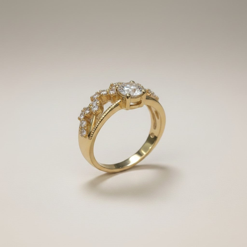 Jade18k 18k yellow gold engagement ring with moissanite center stone and diamond accents.