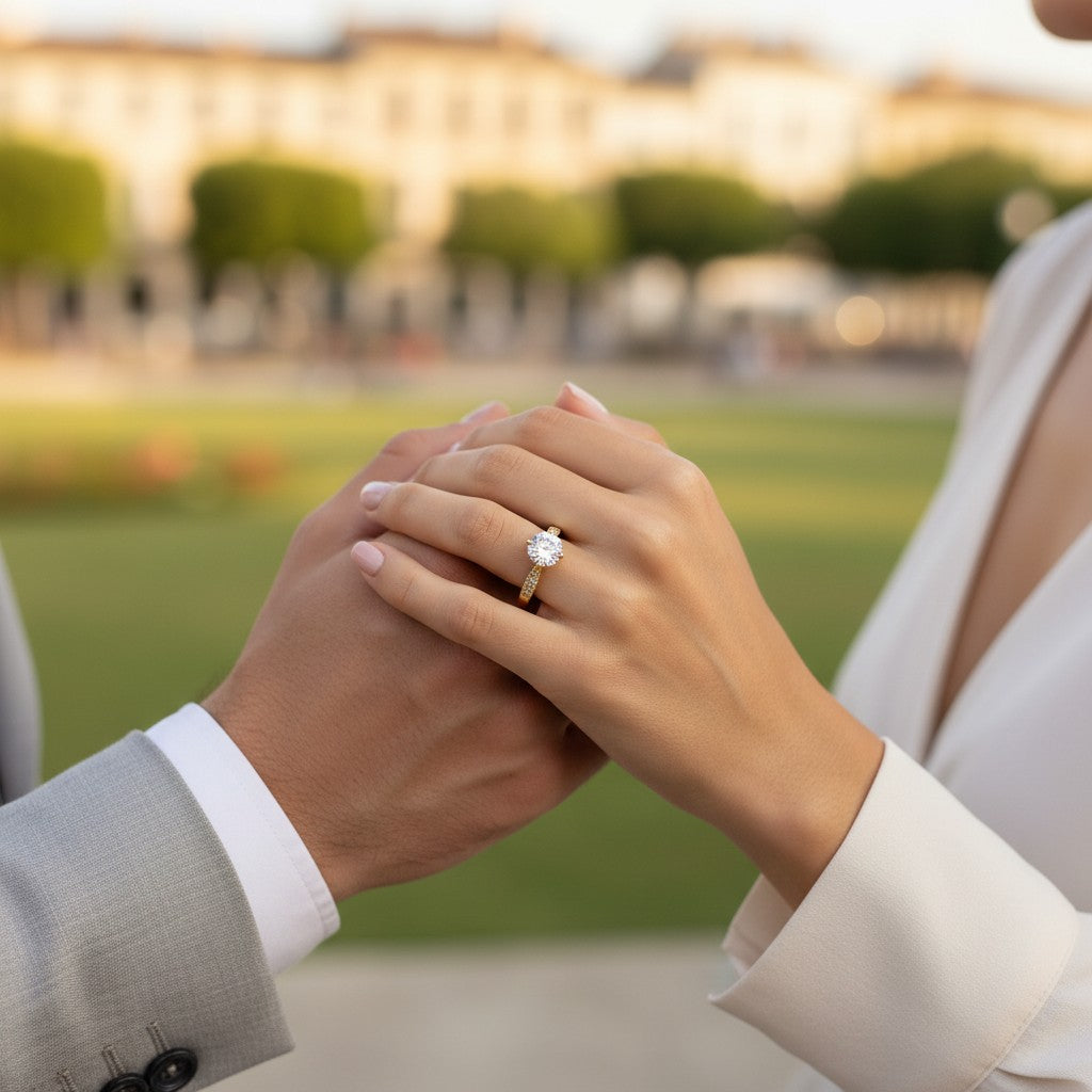 Jade18k 18k yellow gold engagement ring with a round moissanite center stone and pavé diamond band.