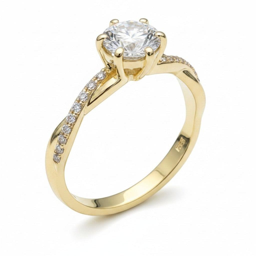 Jade18k yellow 18k gold engagement ring with a central moissanite stone and a twisted band accented with small diamonds.