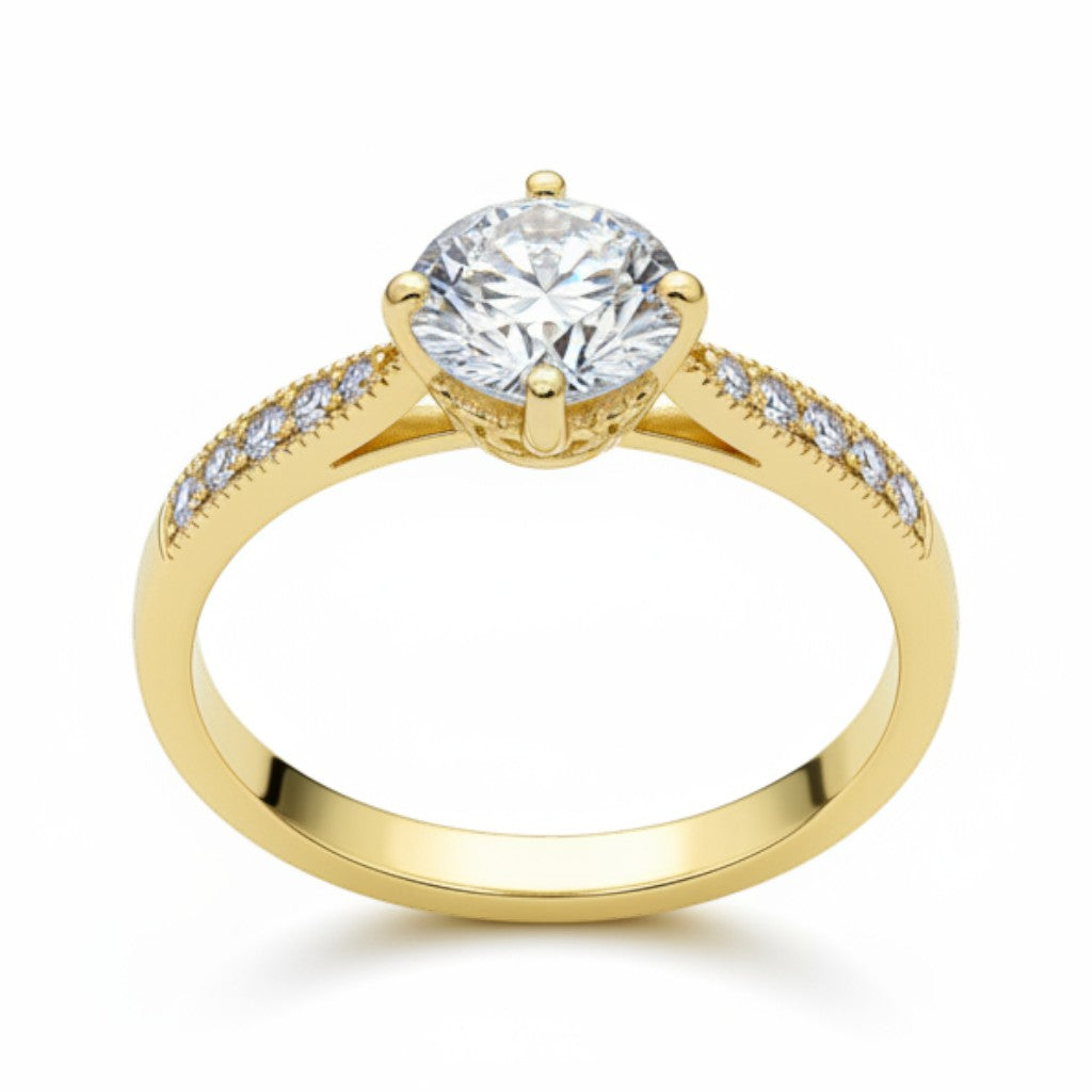 Jade18k 18k yellow gold engagement ring with a round moissanite center stone and pavé band.