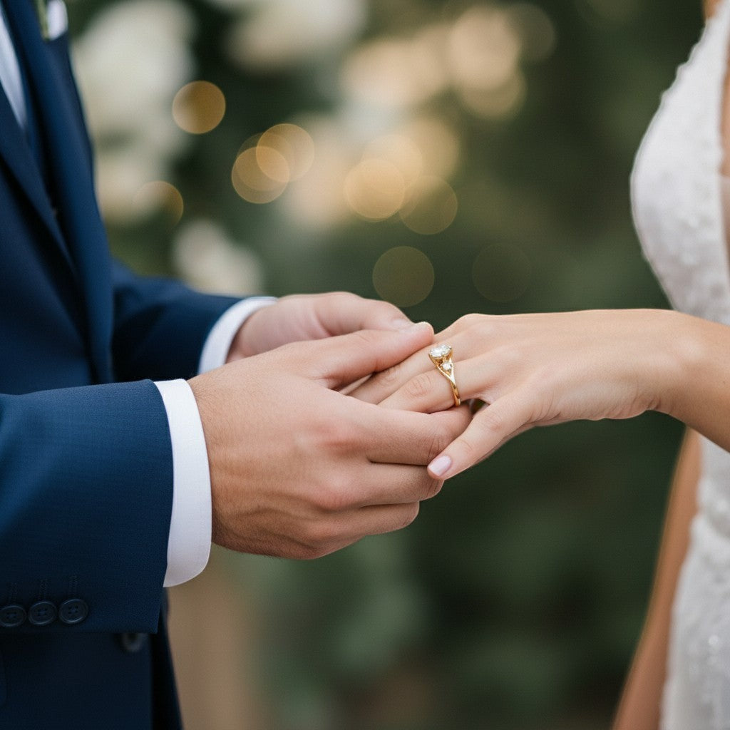 Jade18k yellow gold engagement ring with moissanite stone, worn by a bride.