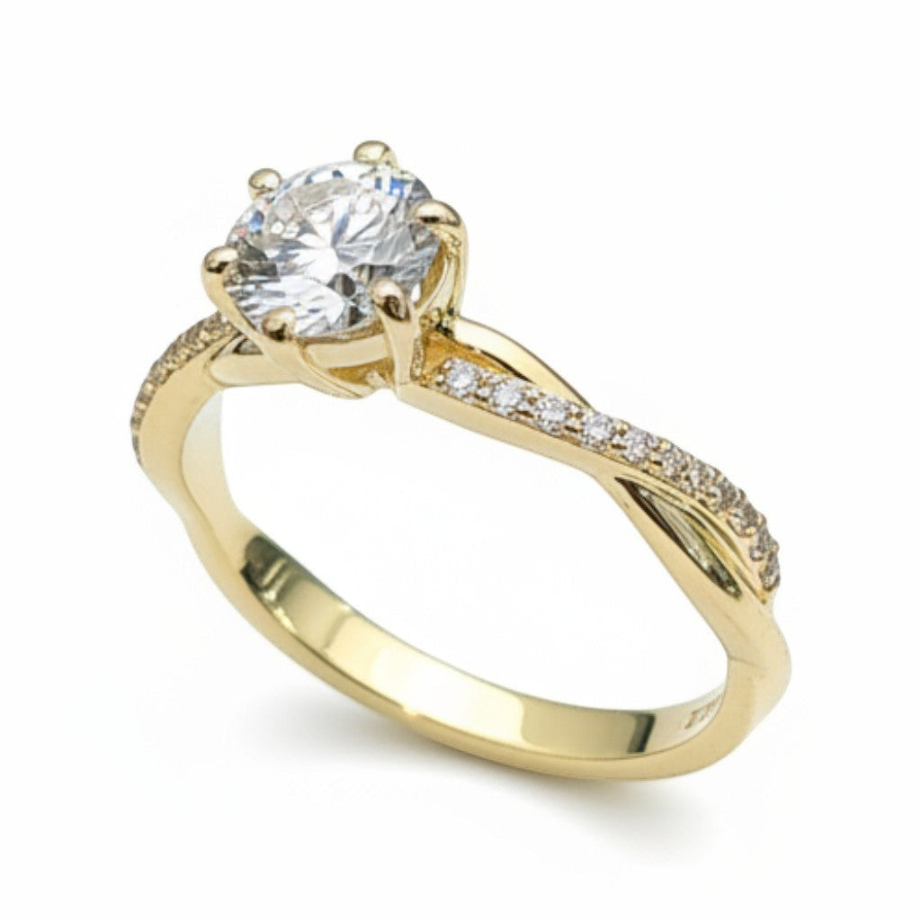 Jade18k 18k yellow gold engagement ring with a large moissanite center stone and a twisted band with small diamonds.