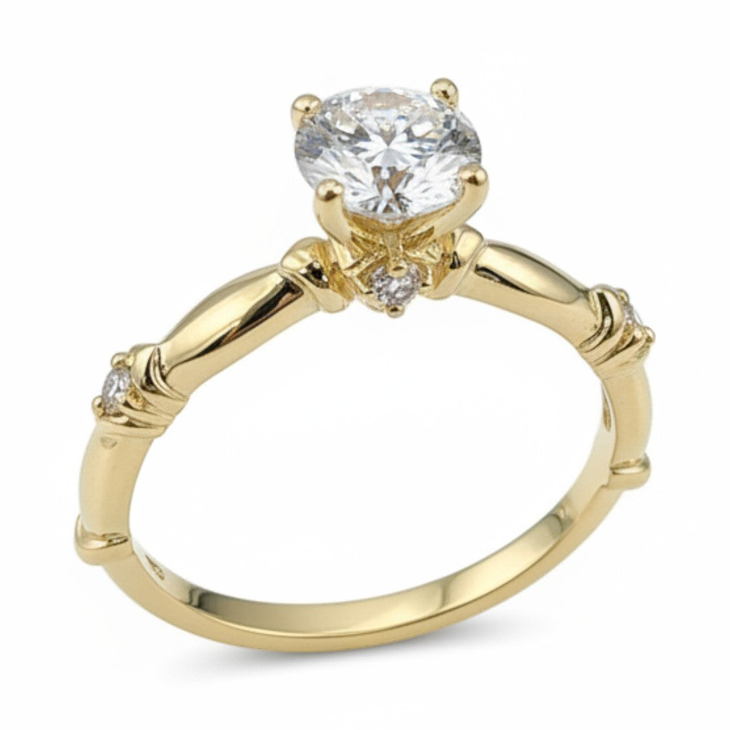 Jade18k 18K yellow gold promise ring with a central moissanite stone and small accent stones on the band.