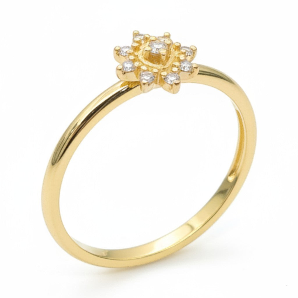Jade18k 18k yellow gold ring with a starburst moissanite center and small accent stones.