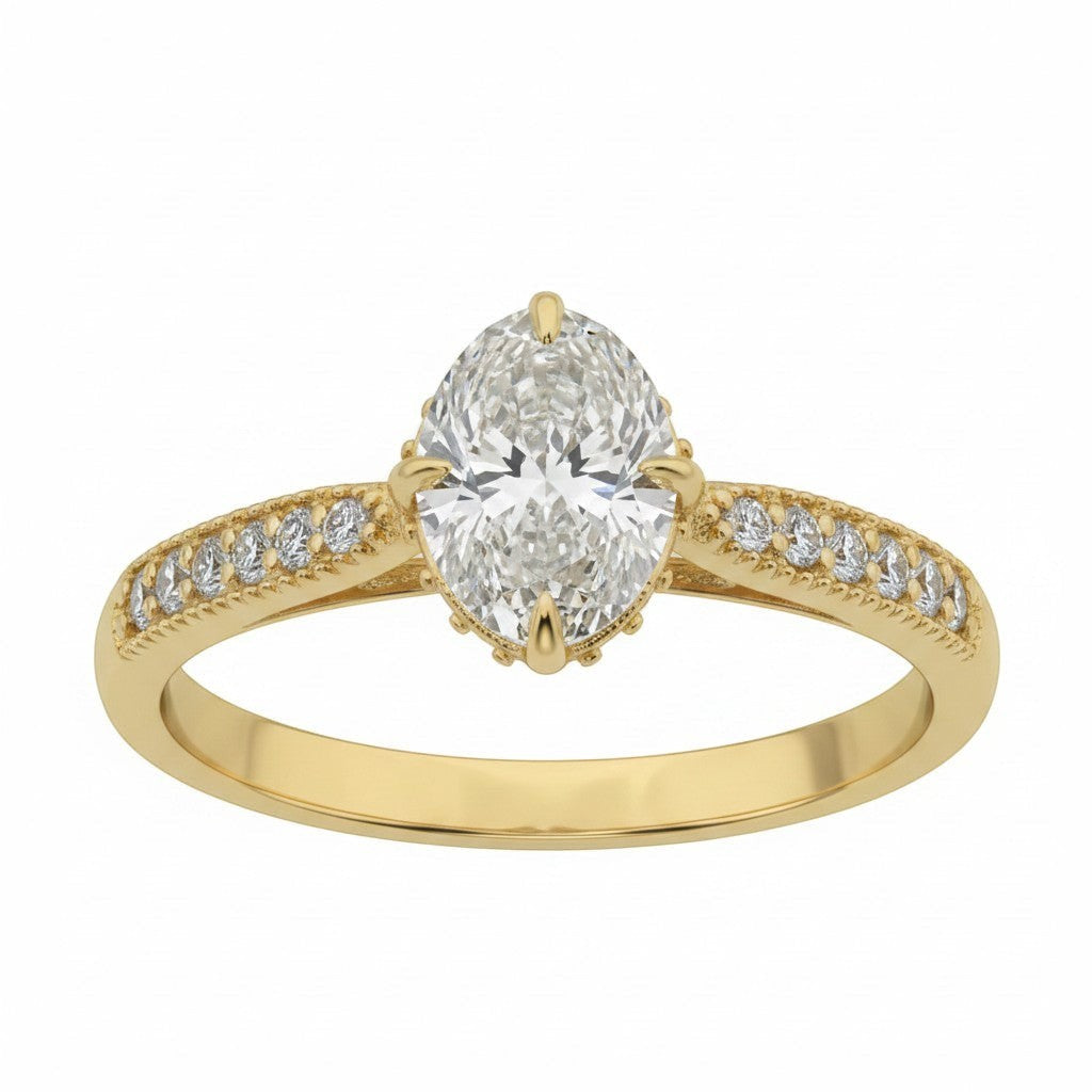 Jade18k 18k yellow gold engagement ring with oval zircon stone and diamond accents on band.