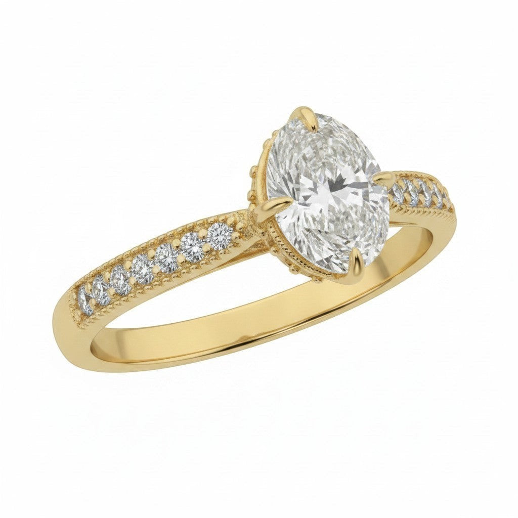 Jade18k 18k yellow gold engagement ring with oval-cut cubic zirconia and pavé diamond band.