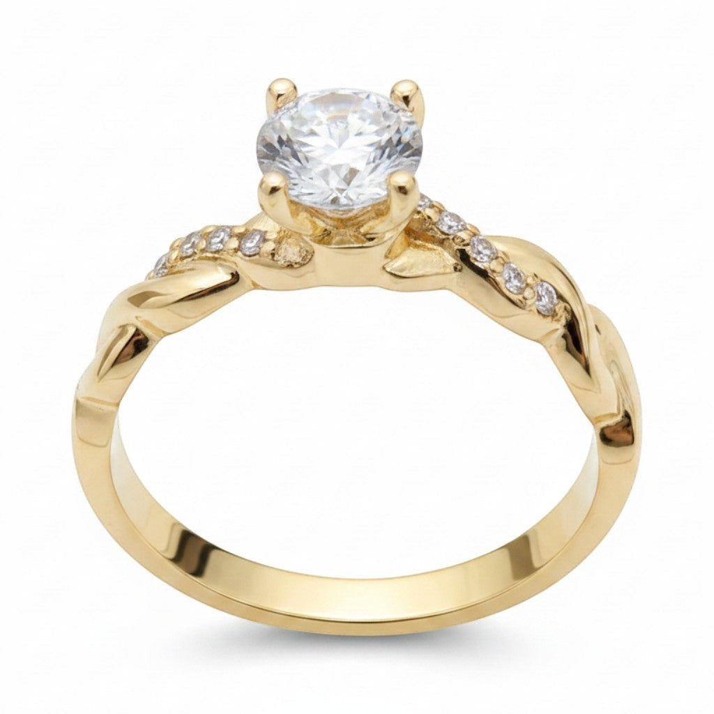 Jade18k yellow gold twisted band solitaire ring with pave-set stones and a central diamond.