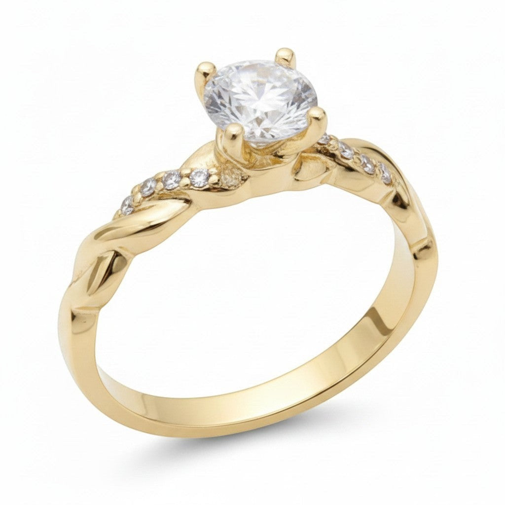 Jade18k yellow gold twisted band solitaire ring with pave-set stones and a central diamond.