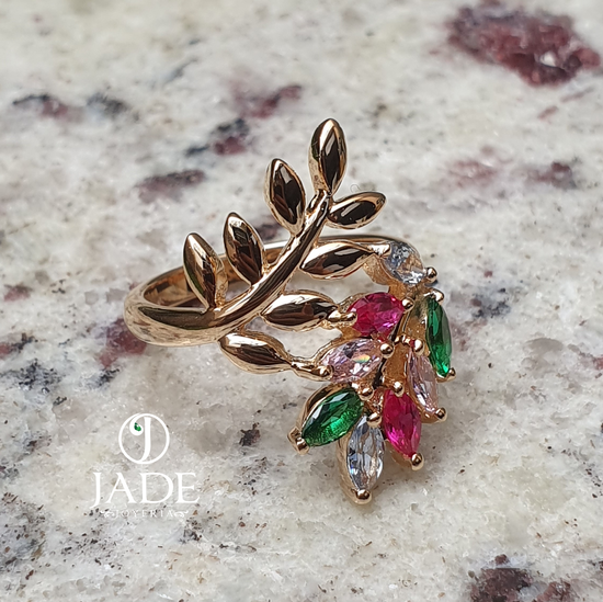 Anillo de hojas con piedras de colores en oro 18k – Jade18k (vista 4)