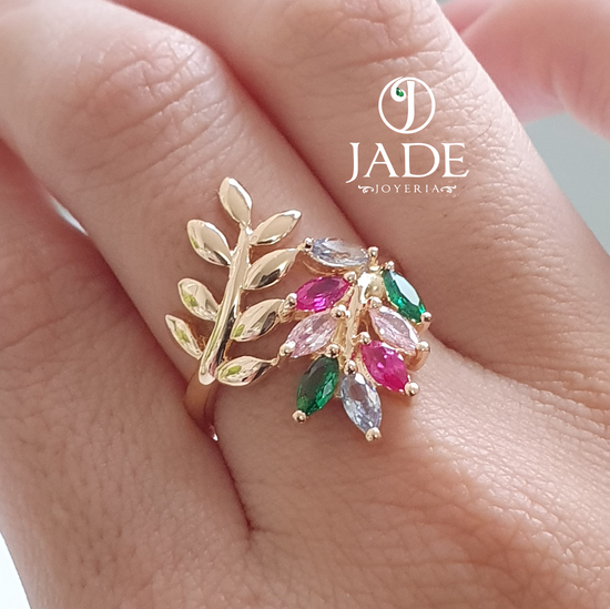 Anillo de hojas con piedras de colores en oro 18k – Jade18k (vista 2)