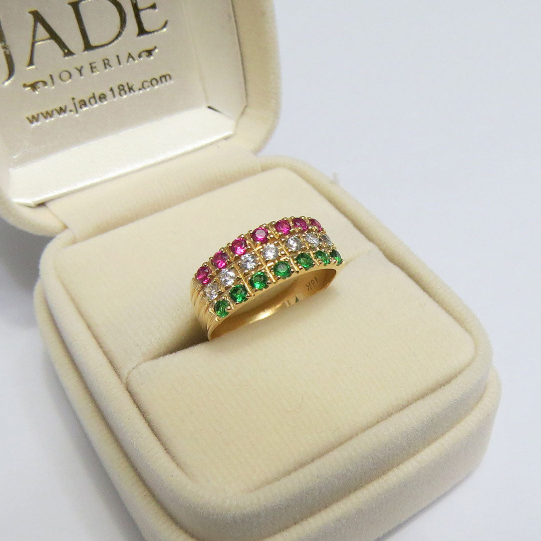 Anillo 3 lineas de colores en oro18k